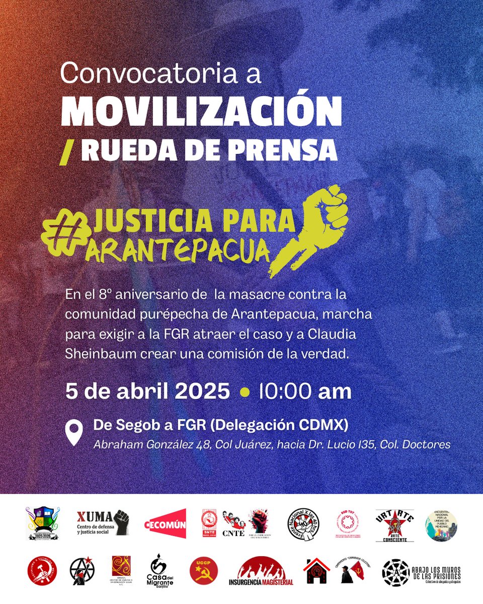 Marchemos por #JusticiaParaArantepacua
✊🏽 Ni perdón, ni olvido.

A  8 años de la masacre contra el pueblo purépecha, seguimos alzando la  voz contra la impunidad. 

🔴<a href="/FGRMexico/">FGR México</a> debe atraer el caso.
✅ <a href="/Claudiashein/">Claudia Sheinbaum Pardo</a> debe crear una #ComisiónDeLaVerdad

🗓️ 5 de abril, <a href="/SEGOB_mx/">Gobernación</a>