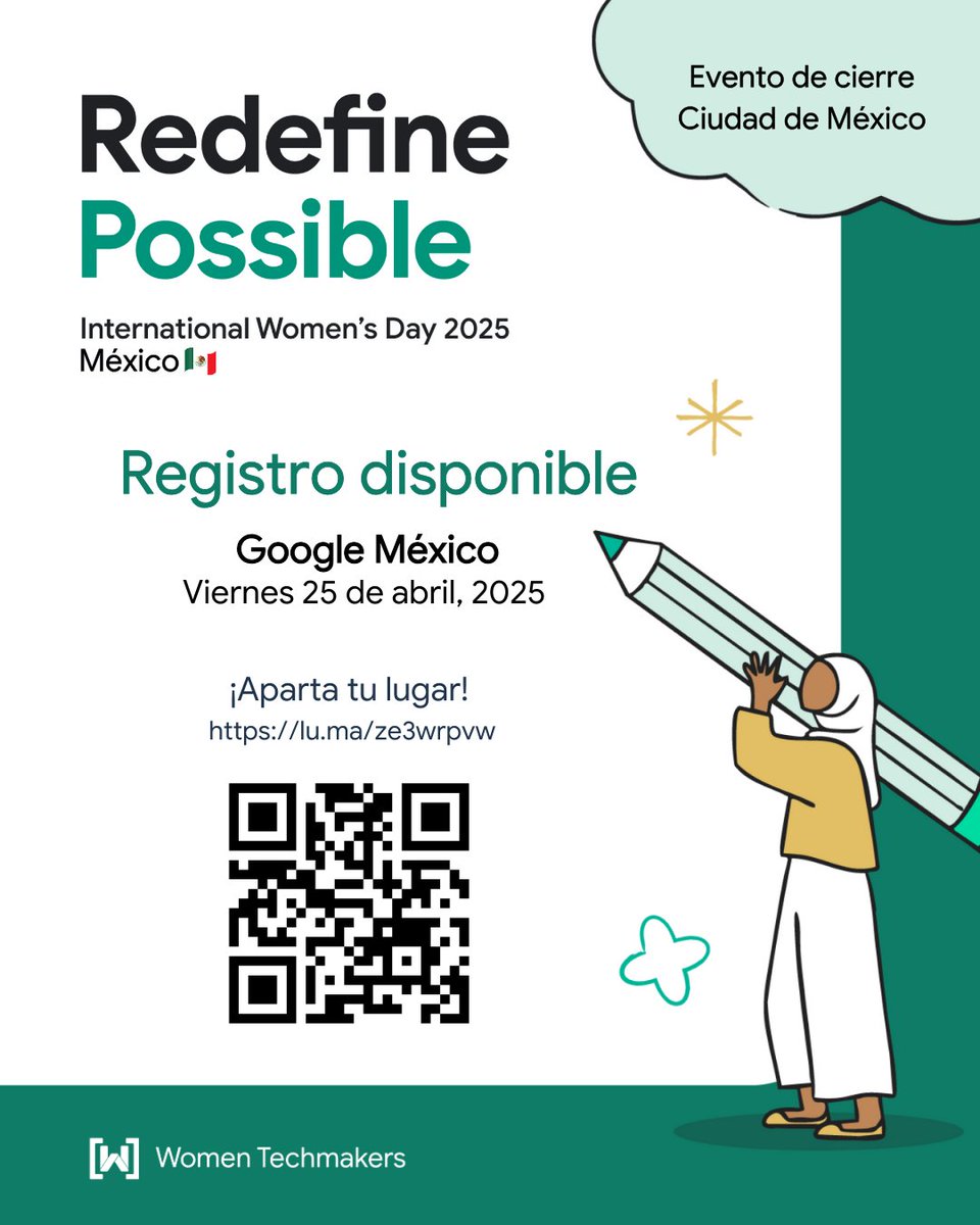 Registros disponibles✨
En este año en el IWD México #RedefinePossible llegamos al cierre de actividades por el Road To IWD 2025. Acompáñanos a celebrar los logros de los eventos realizados en las Oficinas de Google México. 
💻lu.ma/ze3wrpvw