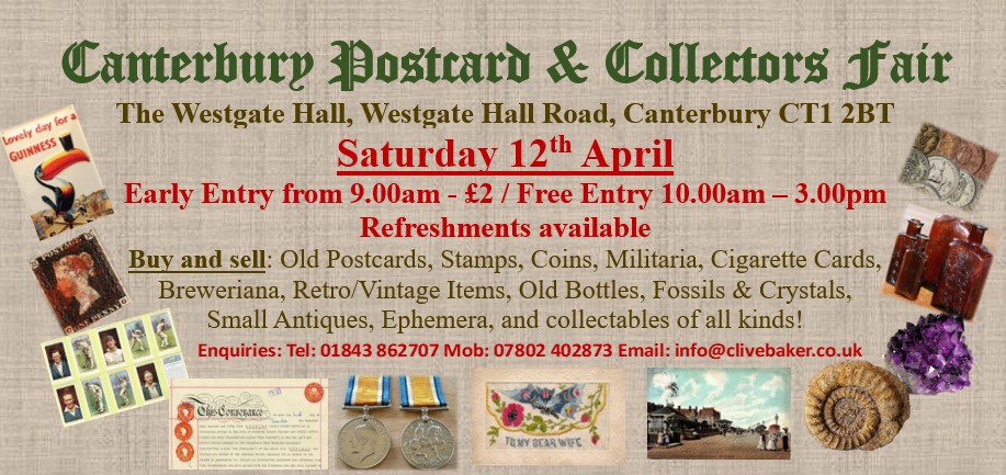 UKOLDPOSTCARDS's tweet photo. Canterbury Postcard &amp; Collectors Fair is on Saturday 12th April. We have dealers selling all sorts of collectables, including vintage and retro, postcards, stamps, coins, militaria, old tins and bottles, Small collectables etc #postcards #antiques #stamps https://t.co/5sNiBPnDDj