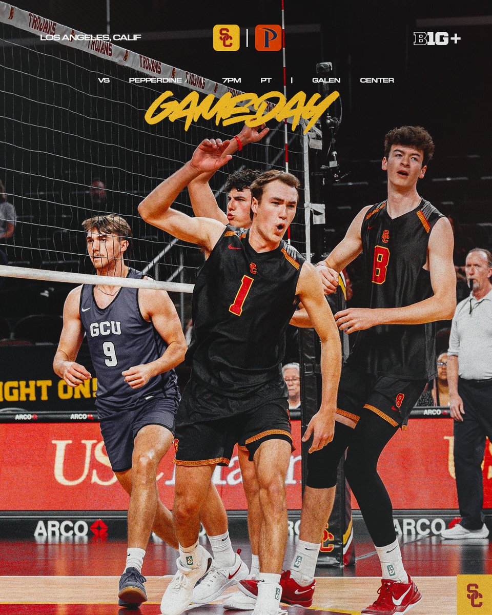USCmensvolley's tweet photo. ⚔️ #USCMVB 🏐 #GAMEDAY
#3 USC 🆚 #8 Pepperdine
📍 | Galen Center
⏰ | 7p PT
🎟️ | https://t.co/YuLv59DuDh
📕 | https://t.co/fS1yLdmcuS
📊 | https://t.co/gybLXxRQDB
📺 | @BigTenPlus
📱 | https://t.co/cQe1a0fpLS
#FightOn ✌️🏐 #NCAAMVB
𝗧𝗛𝗘 𝗣𝙇𝘼𝗖𝗘 𝗧𝗢 𝗕𝗘. https://t.co/oikr23JVg1