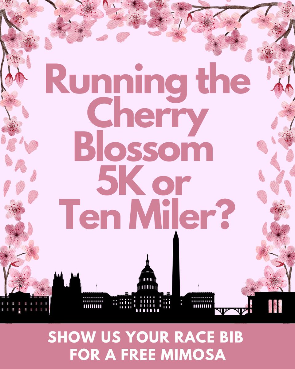 Cherry Blossom Runners! 🌸🏃‍♀️Get your well-deserved reward: a FREE mimosa at Circa (Navy Yard, Foggy Bottom, Clarendon) or Open Road Rosslyn. Show your Cherry Blossom race bib this Saturday or Sunday, and let the celebration begin!