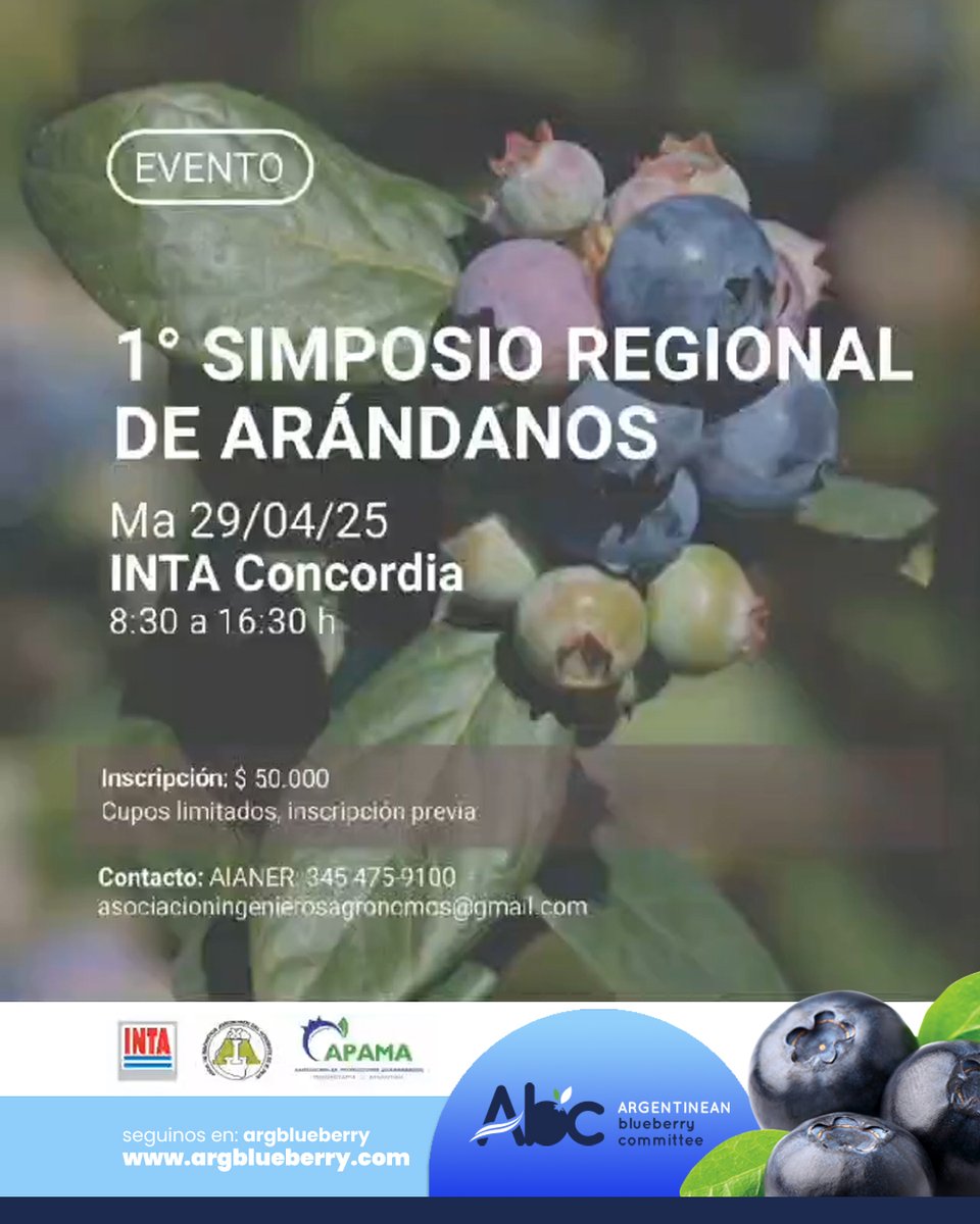 1°SIMPOSIO REGIONAL DE ARÁNDANOS
🗓 Martes 29 de abril de 2025 de 08:00 a 16:30hs
📌 INTA Concordia
Actividad arancelada, con inscripción previa
✍️ Inscripción bit.ly/3FQifp8
CUPOS LIMITADOS
