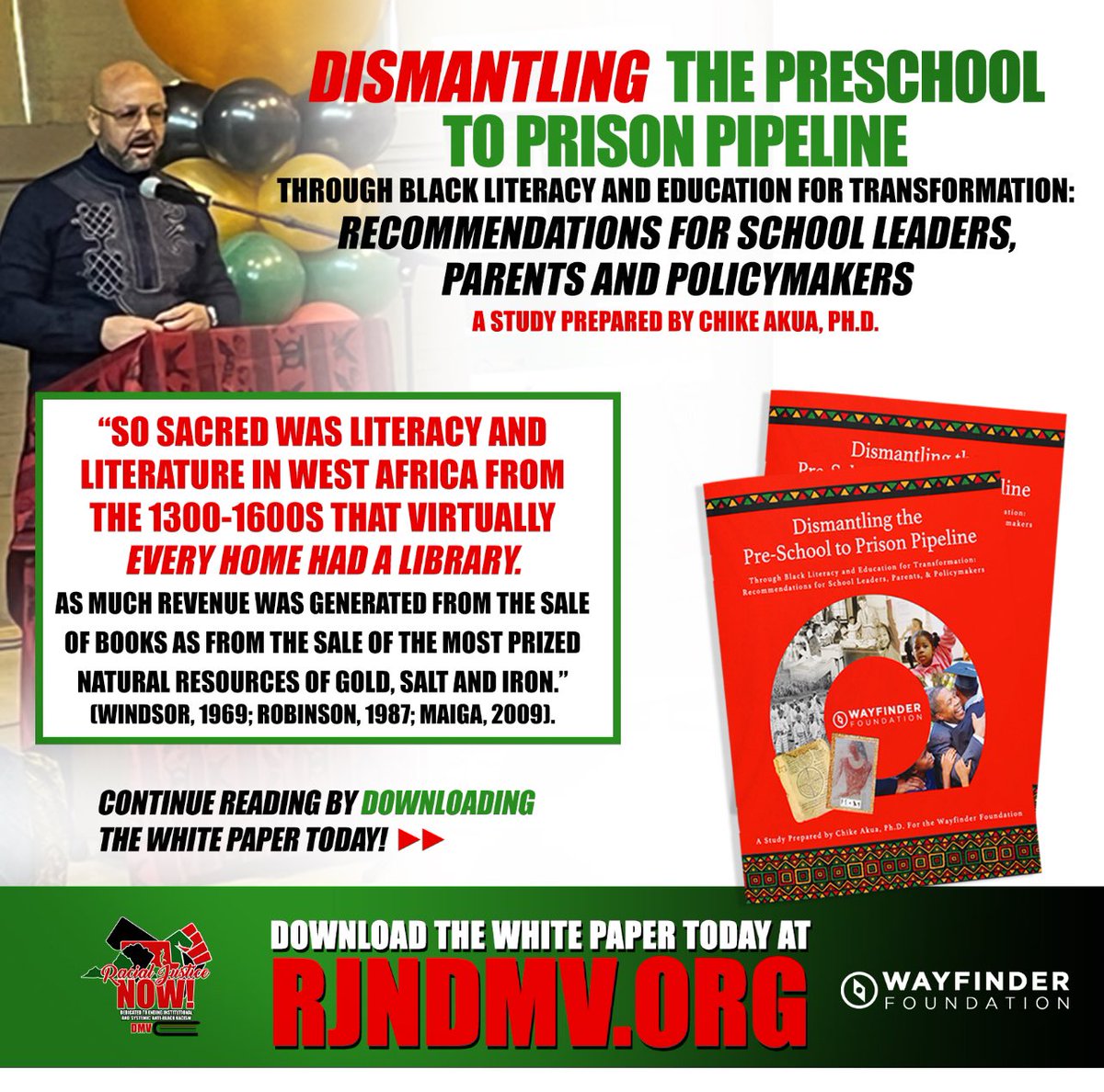 To help address the national literacy gap, RJN! co-sponsored "Dismantling the Pre-School to Prison Pipeline Through Black Literacy and Education for Transformation: Recommendations for School Leaders, Parents &amp; Policymakers" by Dr. Chike Akua.
racialjusticenow.org/program/litera…