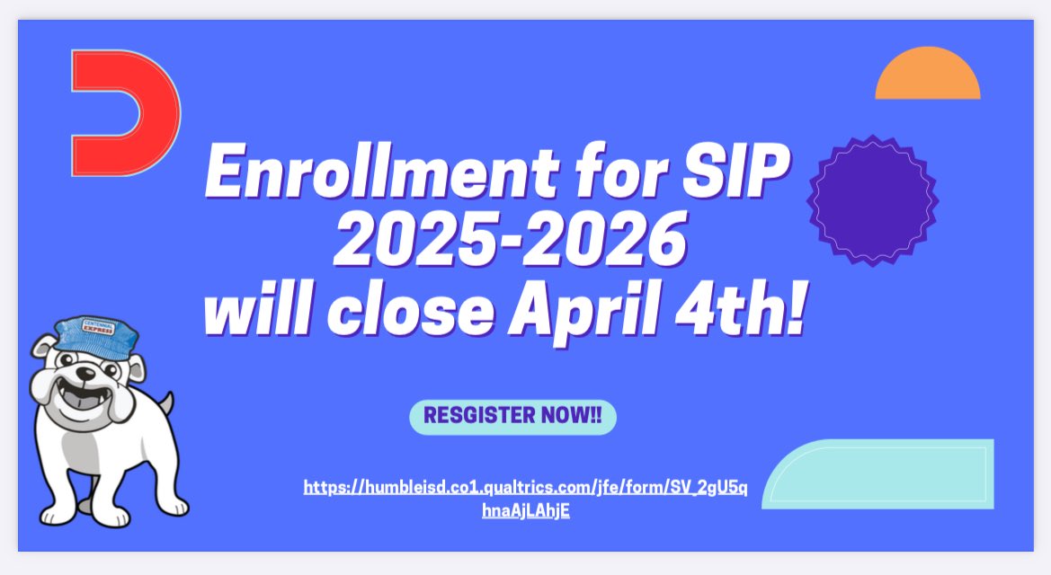 Centennial SIP (@centennial_sip) on Twitter photo ✨Reminder✨
SIP applications for upcoming 1st graders closes tomorrow! Register now!! 
humbleisd.co1.qualtrics.com/jfe/form/SV_2g… ✨Reminder✨
SIP applications for upcoming 1st graders closes tomorrow! Register now!! 
humbleisd.co1.qualtrics.com/jfe/form/SV_2g…