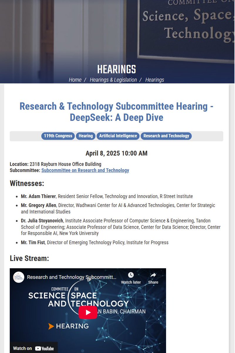 🗓️AI hearing notice: Tuesday, April 8th at 10am in <a href="/housescience/">House Science Committee</a>: "DeepSeek: A Deep Dive" - To explore the impact of DeepSeek’s recent AI models on the United States’ national security and technological competitiveness.

I'll be testifying for <a href="/RSI/">R Street Institute</a>.