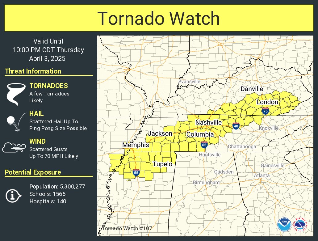 A tornado watch has been issued for parts of Arkansas, Kentucky, Mississippi and Tennessee until 10 PM CDT