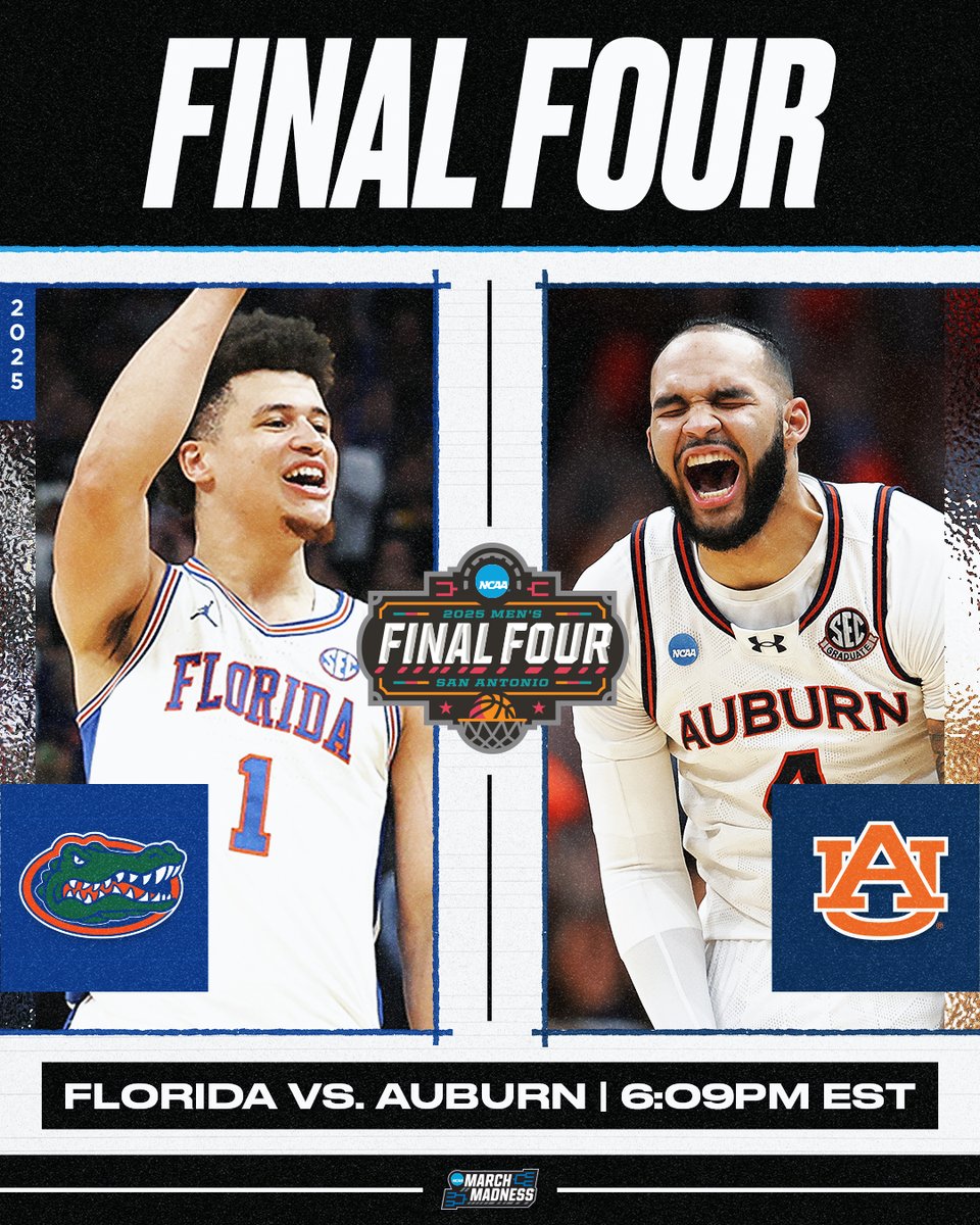 MarchMadnessMBB's tweet photo. We're just 24 hours away from @GatorsMBK and @AuburnMBB getting the #MFinalFour underway ⌛️

#MarchMadness https://t.co/YItBsYUeQp