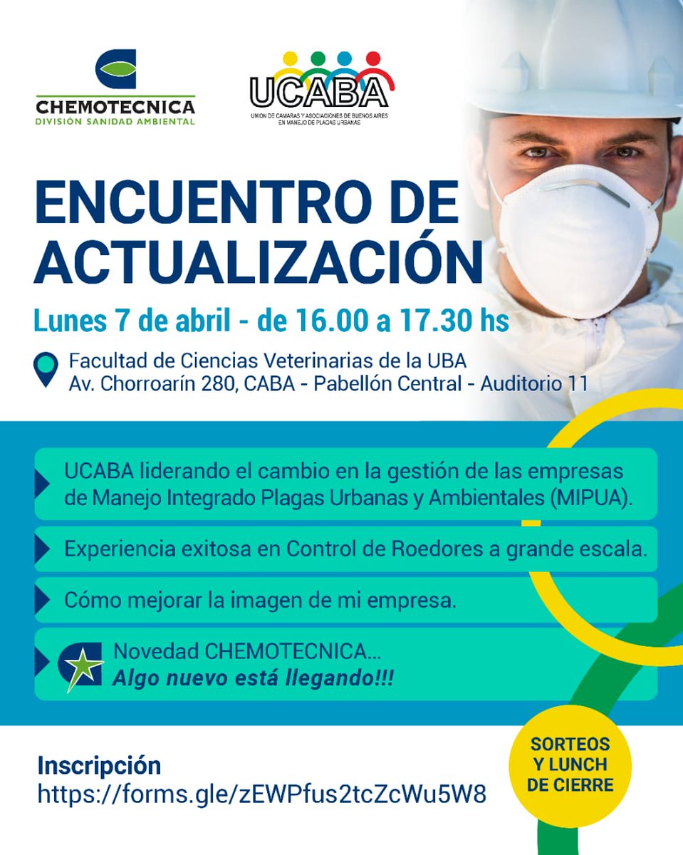Si te dedicas al Control de Plagas Urbanas no te podes perder este evento presencial y gratuito. Para empresas socias, no socias, alumnos EMIPUA,DT, entre otros. Al finalizar habrá sorteos &amp; Lunch. 
Para participar deberás inscribirte en el siguiente link forms.gle/zEWPfus2tcZcWu…