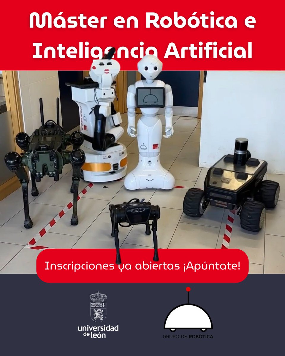 🚀 ¡Impulsa tu carrera con nuestro Máster en Robótica e Inteligencia Artificial! Aprende de expertos, trabaja con robots reales y participa en proyectos innovadores. ¡Inscríbete ahora! 
+Info: robotica.unileon.es/master

 #Robótica #IA #Innovación #DesarrolloProfesional #Máster