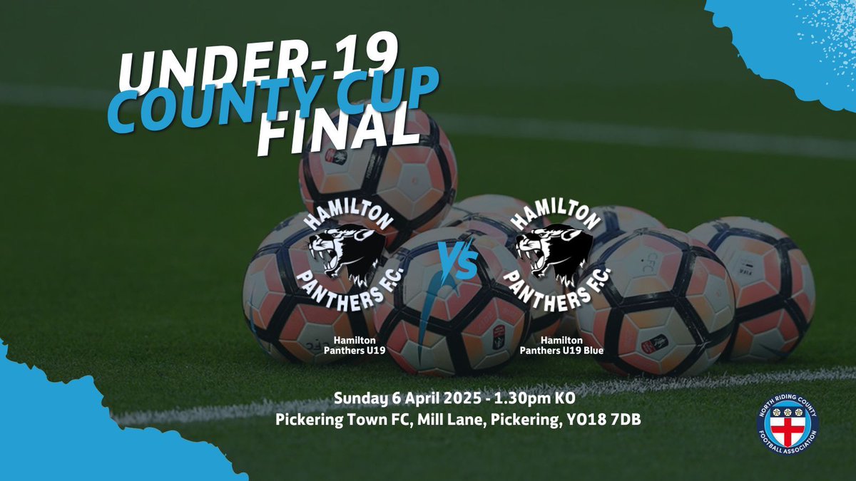 𝐔𝟏𝟗 𝐂𝐨𝐮𝐧𝐭𝐲 𝐂𝐮𝐩 𝐅𝐢𝐧𝐚𝐥 🏆 A huge Sunday ahead for everyone involved at <a href="/PanthersFC/">Hamilton Panthers FC</a>, as the club's U19s face the U19s Blue at Pickering Town in the North Riding FA Under-19 County Cup Final. 

Best of luck to both teams!