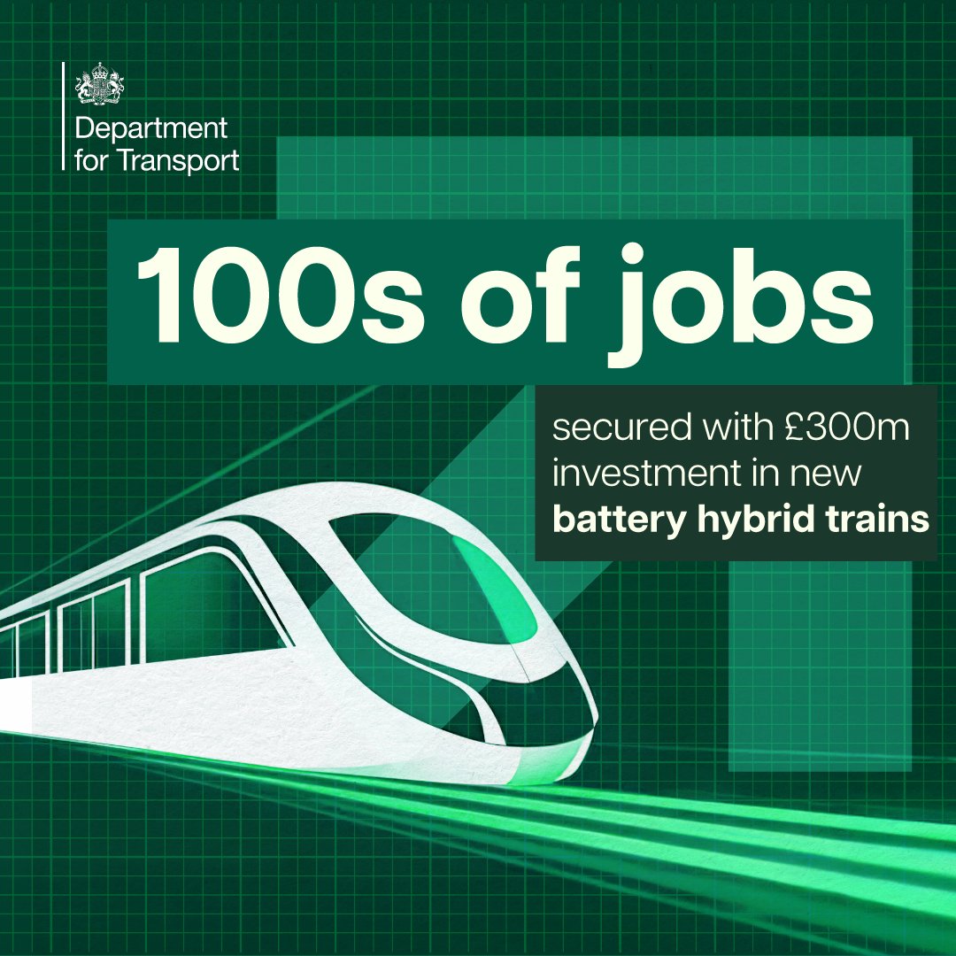 Department for Transport (@transportgovuk) on Twitter photo A landmark £300m investment from <a href="/ArrivaGroup/">Arriva Group</a> is set to deliver a fleet of new battery powered trains, manufactured by <a href="/HitachiRailENG/">Hitachi Rail (ENG)</a>:
🚄 Creating new skilled jobs in the North
🚄 Increasing the number of seats for passengers by 20%
🚄 Reducing emissions and fuel costs by 30% A landmark £300m investment from <a href="/ArrivaGroup/">Arriva Group</a> is set to deliver a fleet of new battery powered trains, manufactured by <a href="/HitachiRailENG/">Hitachi Rail (ENG)</a>:
🚄 Creating new skilled jobs in the North
🚄 Increasing the number of seats for passengers by 20%
🚄 Reducing emissions and fuel costs by 30%