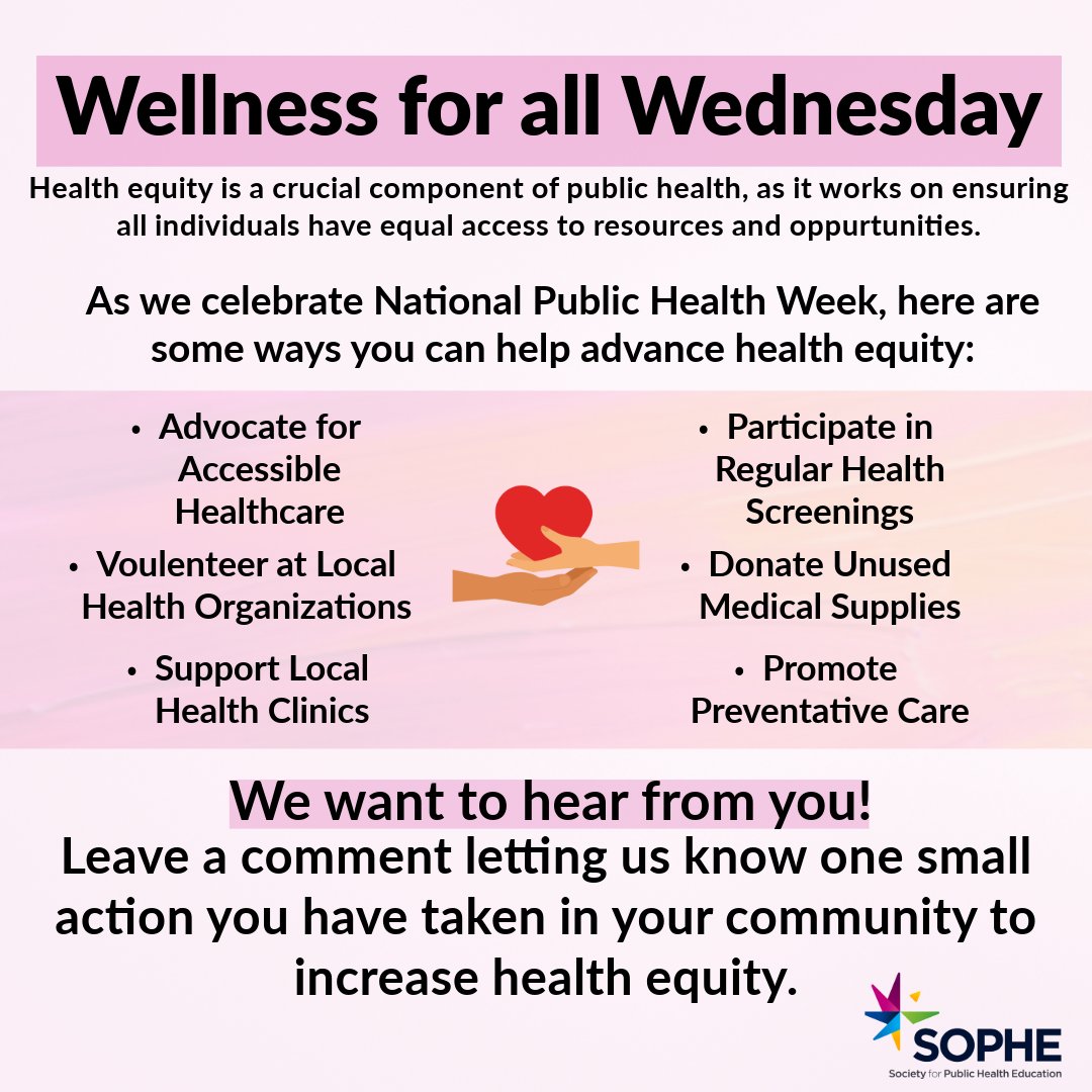SOPHEtweets's tweet photo. Health equity means ensuring everyone has access to the resources they need to be healthy.🤝
On the third day of National Public Health Week we challenge you to share one action you have taken in your community to increase health equity.
https://t.co/yYjhlvNx23
#NPHW #APHA #SOPHE https://t.co/NciKXtlfg0