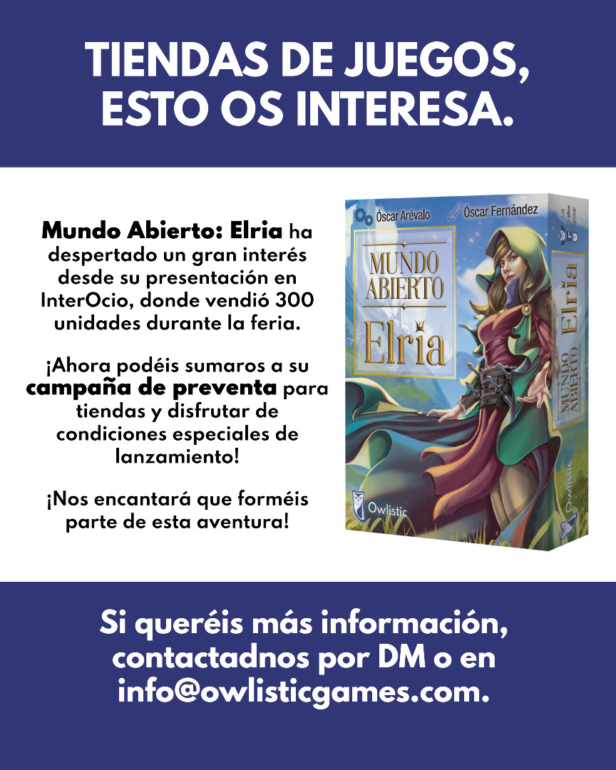 🚀 Mundo Abierto: Elria vendió 300 copias en InterOcio y sigue generando gran expectación. Si tienes una tienda, únete a la campaña de preventa y consigue condiciones especiales. Escríbenos por DM o en 📩 info@owlisticgames.com.

#JuegosDeMesa #Preventa #OwlisticGames