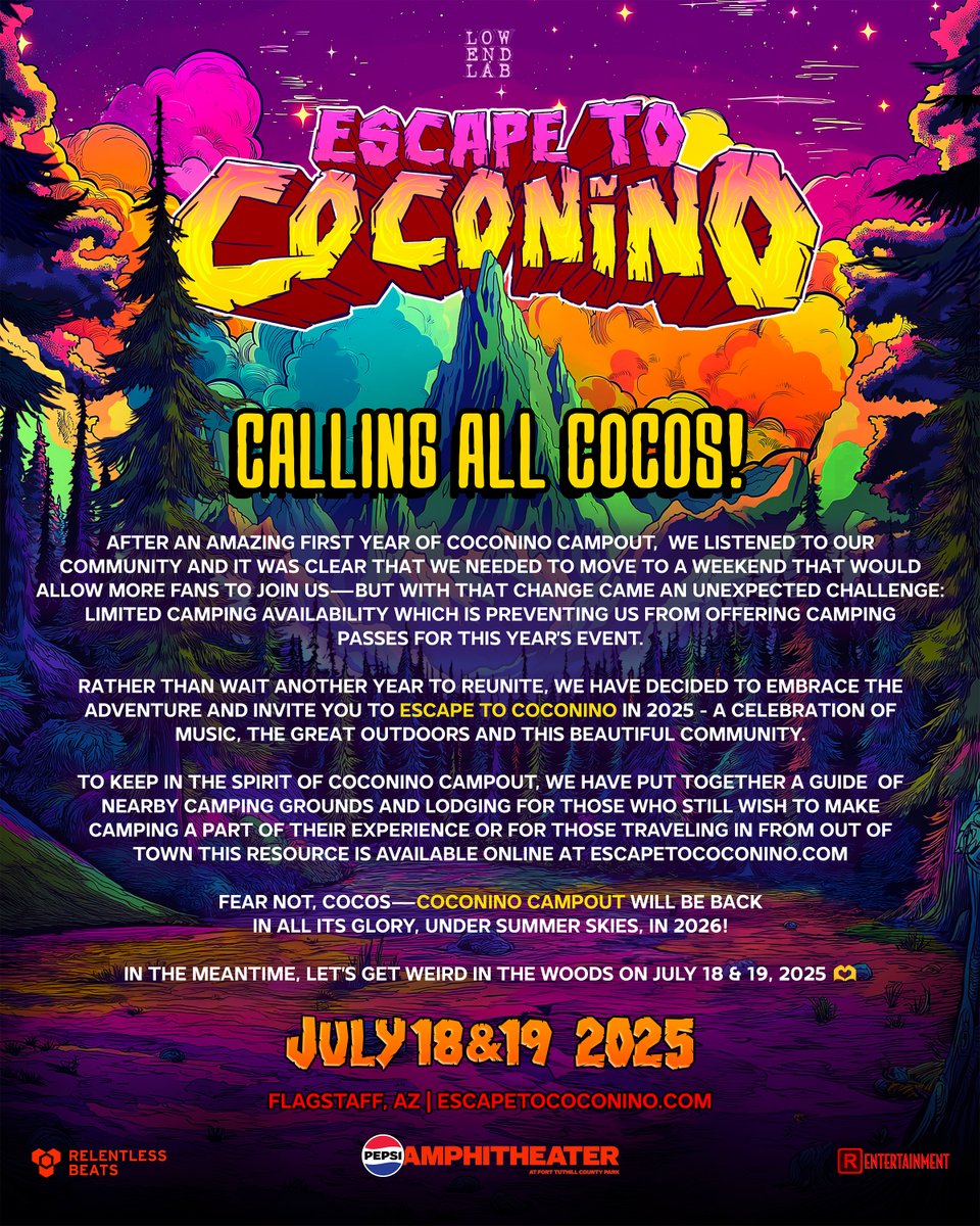 Coconino Campout (@coconinocampout) on Twitter photo Return to <a href="/PepsiAmpFlag/">Pepsi Amphitheater</a> 7/18 & 7/19 for Escape to Coconino- celebrating music, the great outdoors, & this beautiful community.
Check our guide to campsites & hotels on the site 🏕️ Coconino Campout will return, under summer skies, in 2026!
Presale signup: EscapeToCoconino.com Return to <a href="/PepsiAmpFlag/">Pepsi Amphitheater</a> 7/18 & 7/19 for Escape to Coconino- celebrating music, the great outdoors, & this beautiful community.
Check our guide to campsites & hotels on the site 🏕️ Coconino Campout will return, under summer skies, in 2026!
Presale signup: EscapeToCoconino.com