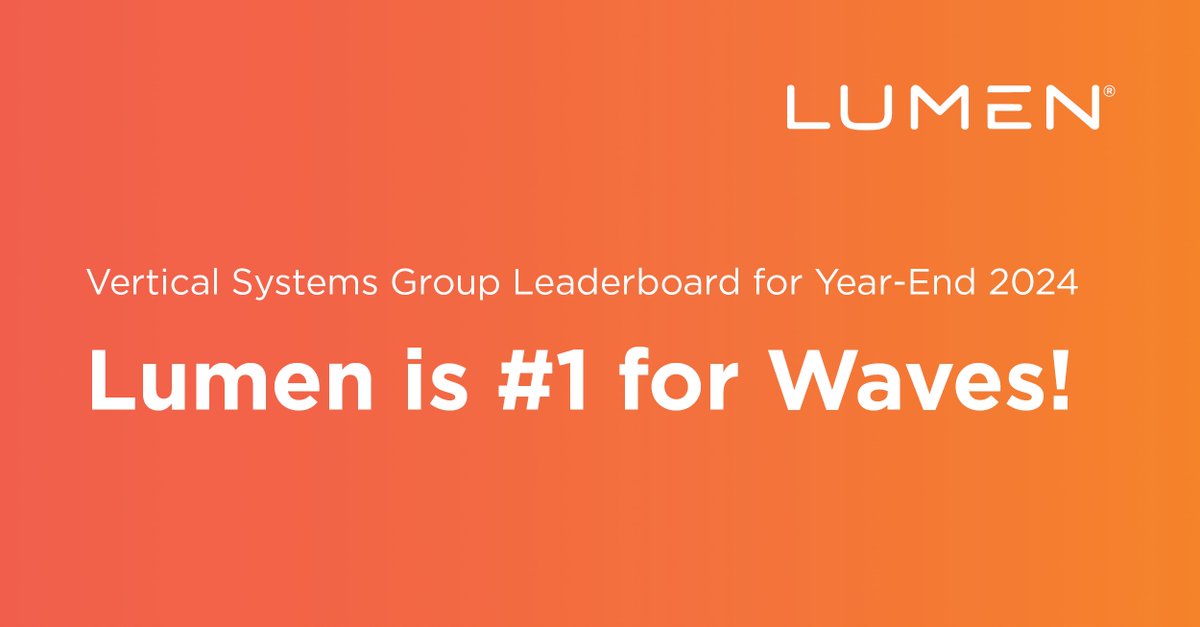 Lumen Partner Program (@lumencpp) on Twitter photo For the 4th consecutive time <a href="/LumenTechco/">Lumen</a> is ranked #1 on the Vertical Systems Group Leaderboard for U.S. Wavelength Services! Wavelengths are in Lumen’s DNA, with network availability & performance to support almost any wavelength application. Learn more: bit.ly/3SMMvoF For the 4th consecutive time <a href="/LumenTechco/">Lumen</a> is ranked #1 on the Vertical Systems Group Leaderboard for U.S. Wavelength Services! Wavelengths are in Lumen’s DNA, with network availability & performance to support almost any wavelength application. Learn more: bit.ly/3SMMvoF
