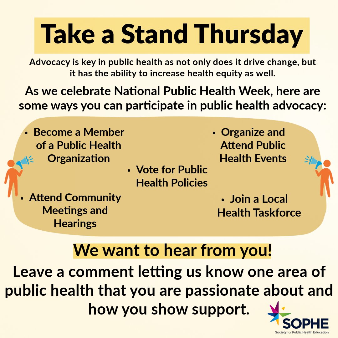 SOPHEtweets's tweet photo. Advocacy starts with YOU! 🫵

On the fourth day of National Public Health Week, we encourage you to share one area of public health you are passionate about and how you support it!

https://t.co/Oizd8QHhA7

#NPHW #APHA #SOPHE https://t.co/uI4TR9P6mx