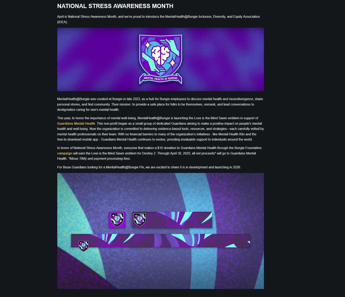 We couldn't be prouder or more grateful to be part of this historic moment, the debut of the first-ever #MentalHealth emblem in <a href="/DestinyTheGame/">Destiny 2</a>!

Today is truly an incredible milestone for Guardians everywhere. What a day to remember! 💚💚💚

#MentalHealthAwareness