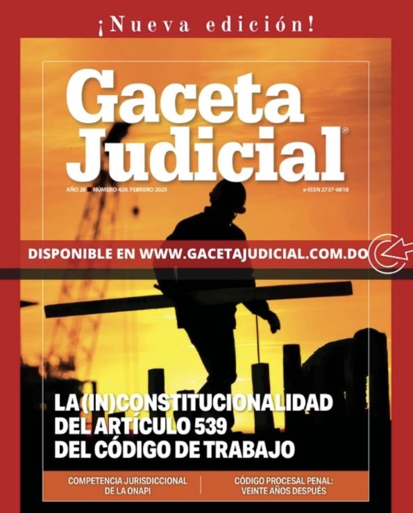 Orgullosa <a href="/RicartHector/">Hector Ricart</a> que gracias a la <a href="/GacetaJudicial/">Gaceta Judicial</a> puede compartir sus argumentos en “La (in)constitucionalidad del artículo 539 del Código de Trabajo”, publicado en la edición 429.
Después de leerlo deberíamos responder ¿Es inconstitucional el art. 539 del CT?