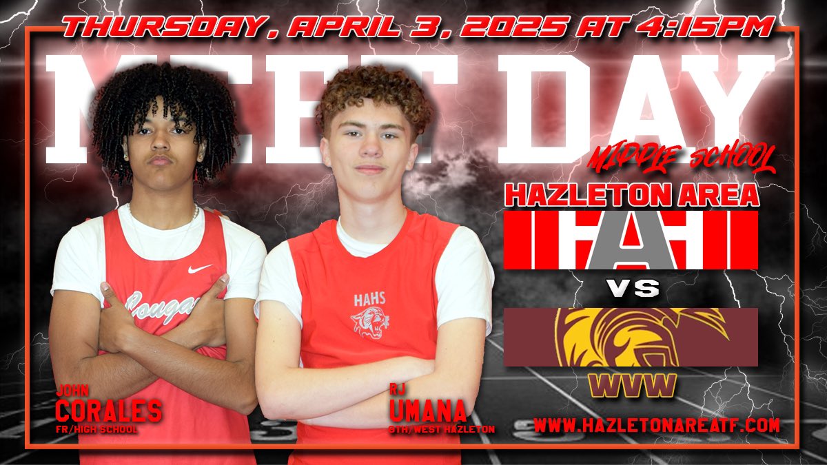 🚨MEET DAY🚨

🏃‍♂️ Middle School
📍 Hazleton Area Track
📅 Today (Thursday, April 3, 2025)
⏰ 4:15pm
