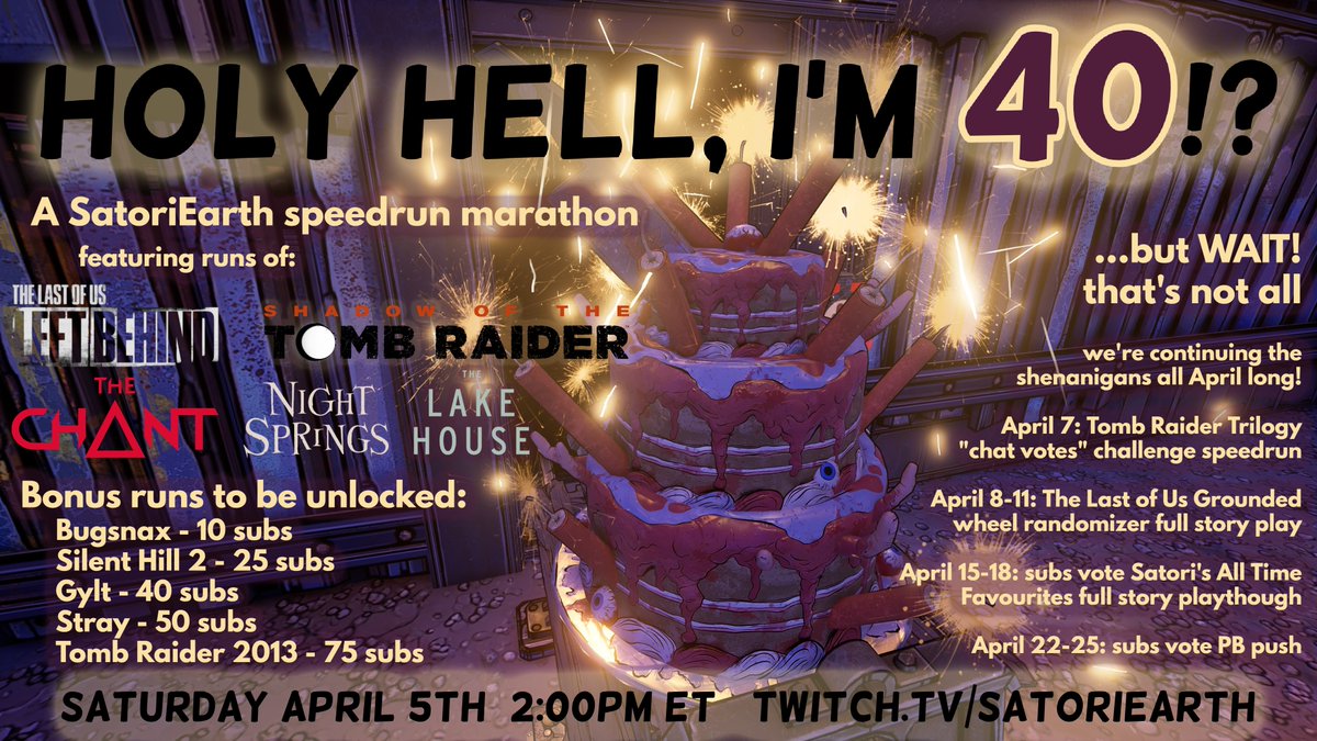 satoriearth's tweet photo. How the hell am I turning 40 this weekend?

anyway, let's celebrate! A speedrun marathon on Saturday and more shenanigans to last the whole month, MY MONTH

it all starts at 2pm ET on Saturday April 5th
https://t.co/O7Rj29akVj https://t.co/9GIglYzvBn