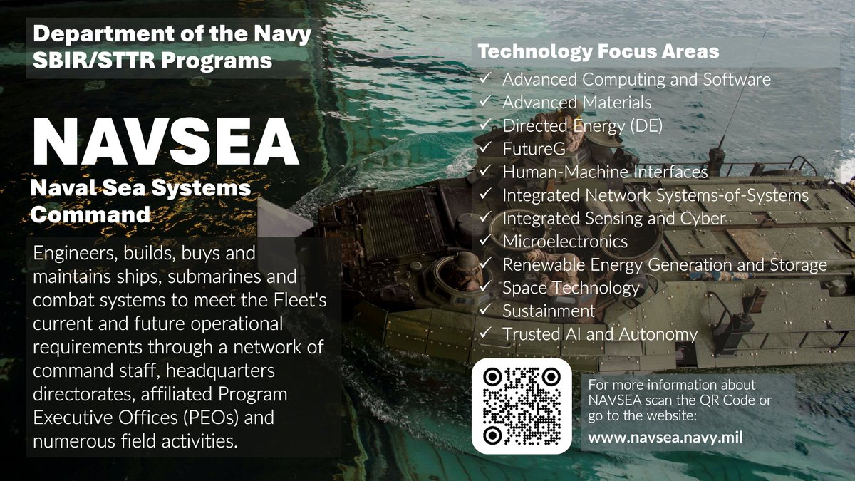 (2/3) command staff, headquarters directorates, affiliated Program Executive Offices (PEOs) and numerous field activities. <a href="/NAVSEA/">NAVSEA</a> technology priorities and focus areas include #AdvancedComputingandSoftware #AdvancedMaterials