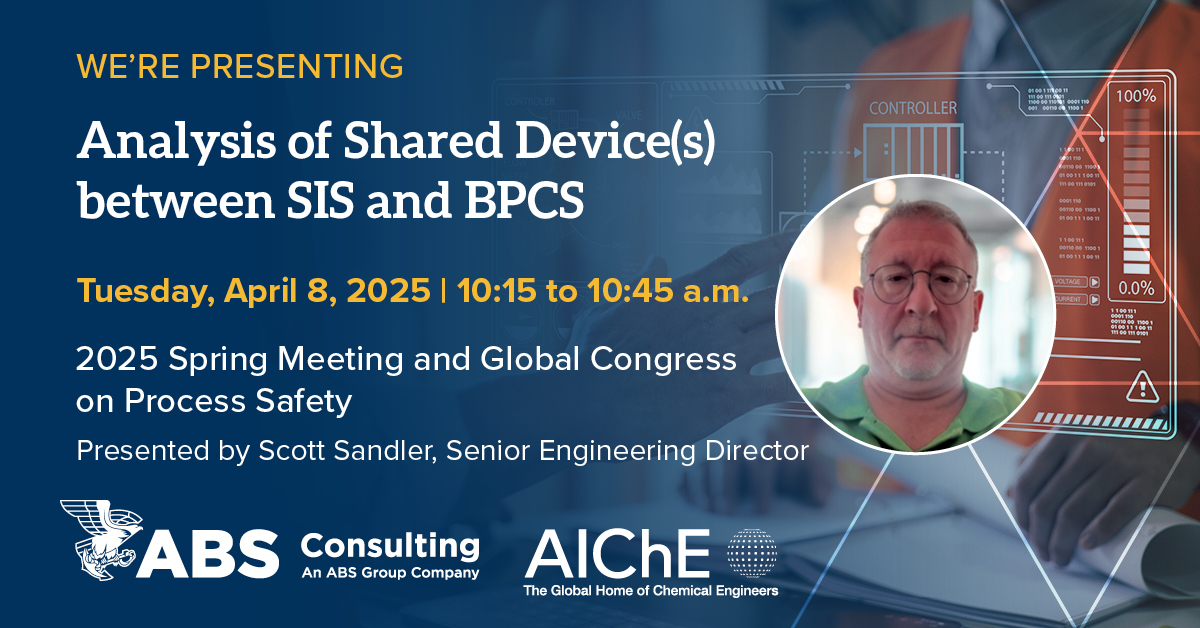 _ABSGroup's tweet image. Are shared devices between #SIS &amp;amp; #BPCS putting your operations at risk? Join ABS Consulting’s Scott Sandler at @AIChE’s Spring Meeting April 8, 10:15–10:45 a.m. as he tackles risks, challenges &amp;amp; solutions to boost system safety &amp;amp; #reliability. Learn more: bit.ly/4hWBLh5