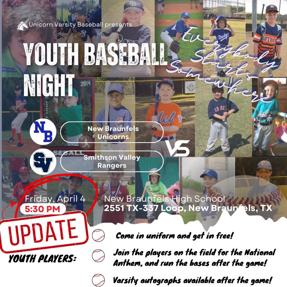 * Tomorrow’s Varsity game between <a href="/SV_Baseball/">Smithson Valley Baseball</a> and The Unicorns has been moved up to 5:30 PM due to the weather forecast tomorrow. Join for a great game and Youth Baseball night at the park!