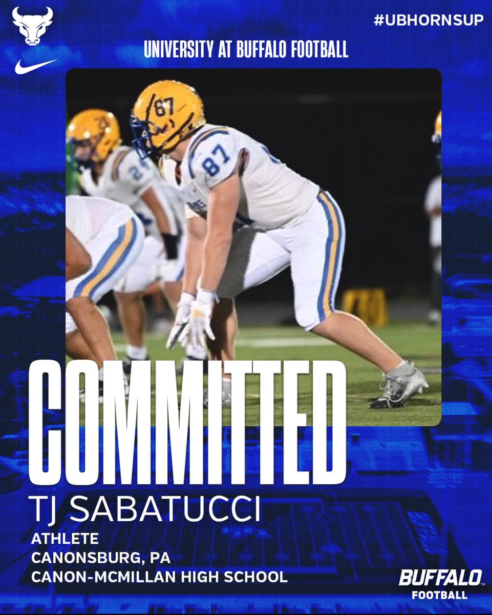 TJ Sabatucci (@sabatuccitj2026) on Twitter photo I am extremely excited to be a Bull! Thank you to all the coaches at Buffalo for believing in me and giving me this opportunity! I would also like to thank my parents, teammates, and coaches of all sports!
#UBHORNSUP <a href="/UBFootball/">UB Football</a> <a href="/Pete_Lembo/">Pete Lembo</a> <a href="/BigMacsFootball/">CANON-MCMILLAN FOOTBALL</a> I am extremely excited to be a Bull! Thank you to all the coaches at Buffalo for believing in me and giving me this opportunity! I would also like to thank my parents, teammates, and coaches of all sports!
#UBHORNSUP <a href="/UBFootball/">UB Football</a> <a href="/Pete_Lembo/">Pete Lembo</a> <a href="/BigMacsFootball/">CANON-MCMILLAN FOOTBALL</a>