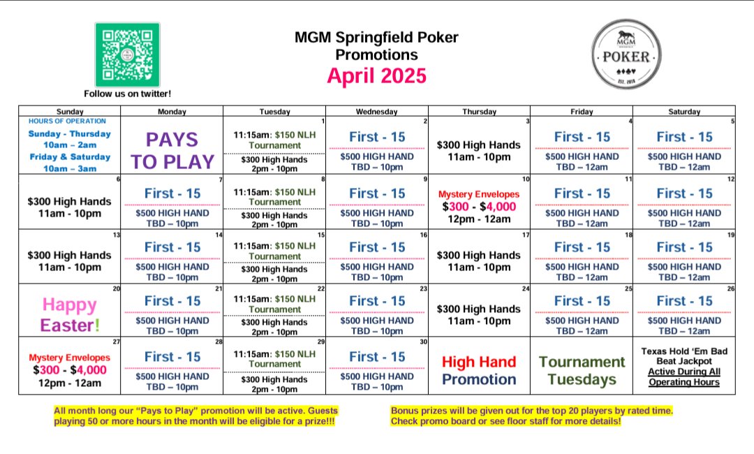 Updated April Promo Calendar <a href="/MGMSPoker/">MGM Springfield Poker</a>