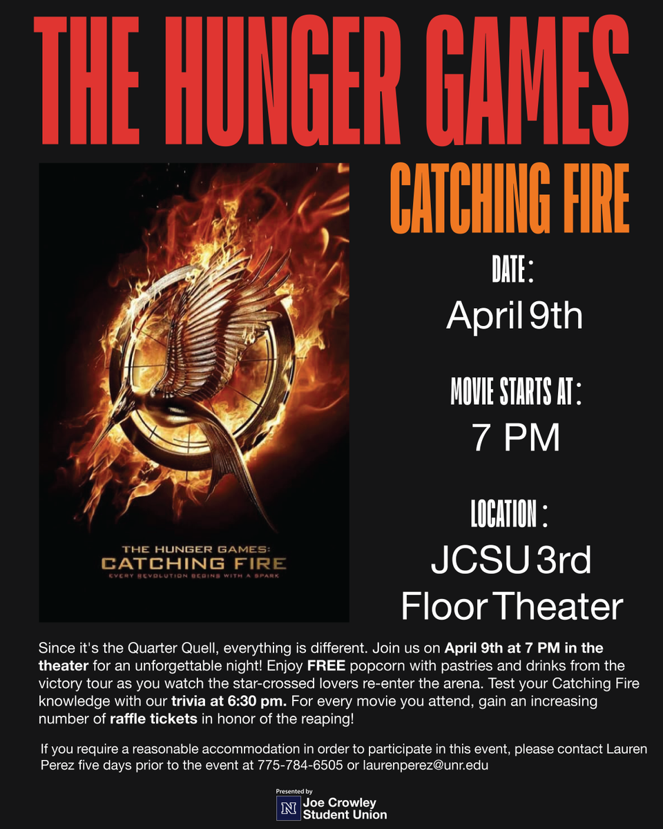 The Hunger Games continue! Join us 4/09 at 7pm in the theatre for Catching Fire! There will be FREE popcorn along with other snacks and drinks. Don't forget we have trivia at 6:30, and gain a raffle tickets for every movie you attend! See you there!

Designer: Luke Torosian
