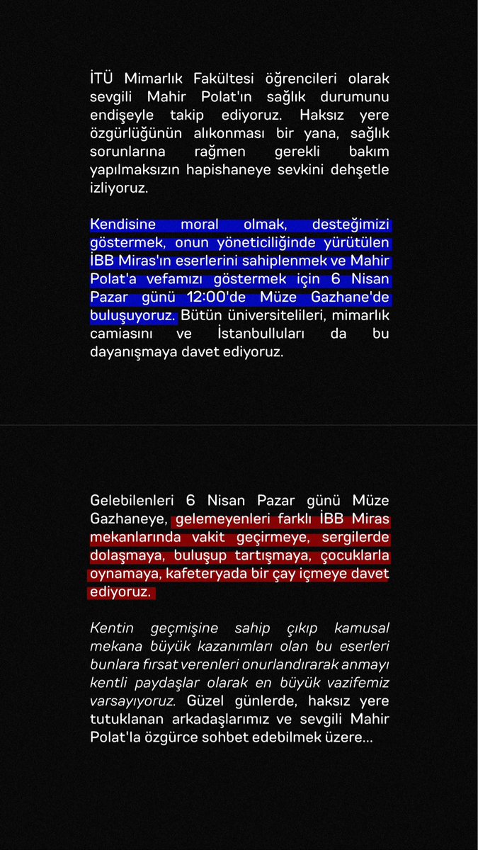 taskisladirenis's tweet photo. Mahir Polat’ın medyadaki çabalardan fazlasını hak ettiğini düşünüyor ve bu sebeple bütün kentlileri “Demokrasi Şenliği”nin son gününde İBB Miras eserlerini sahiplenmeye çağırıyoruz.

Kamusal alanları sahiplenerek hep beraber dayanışmaya!

#MahirPolatıSerbestBırakın https://t.co/MtO8BeRax1