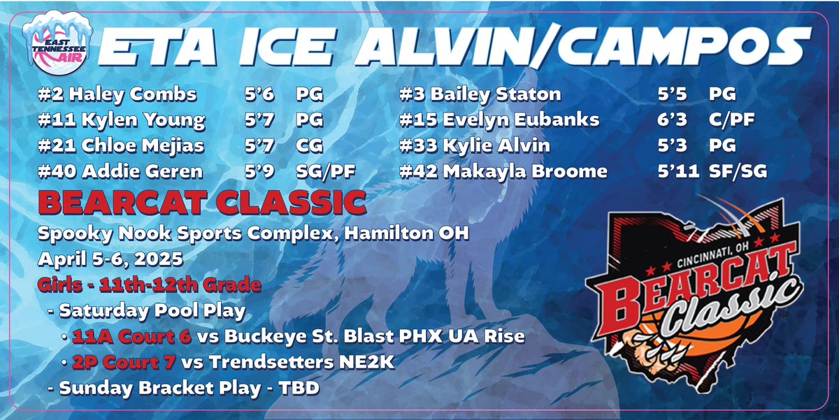 Evelyn Eubanks (@evelyn__eubanks) on Twitter photo Excited to get started this weekend at the Bearcat Classic against some great competition! Hope you to see you court side. <a href="/EastTNAir/">East TN Air (Campos)</a> <a href="/MeadeHoops/">Amanda Meade</a> <a href="/Evelyn__Eubanks/">Evelyn Eubanks</a>
<a href="/makayla_broome/">Makayla Broome</a>
<a href="/addie_geren30/">Addie Geren</a>
<a href="/BaileyStaton5/">Bailey Staton</a>
<a href="/HaleyCombs2026/">Haley Combs</a>
@Chloemejias
<a href="/KyleYoung_20/">KyleYoung</a>
<a href="/kylie_alvin33/">kylie</a> Excited to get started this weekend at the Bearcat Classic against some great competition! Hope you to see you court side. <a href="/EastTNAir/">East TN Air (Campos)</a> <a href="/MeadeHoops/">Amanda Meade</a> <a href="/Evelyn__Eubanks/">Evelyn Eubanks</a>
<a href="/makayla_broome/">Makayla Broome</a>
<a href="/addie_geren30/">Addie Geren</a>
<a href="/BaileyStaton5/">Bailey Staton</a>
<a href="/HaleyCombs2026/">Haley Combs</a>
@Chloemejias
<a href="/KyleYoung_20/">KyleYoung</a>
<a href="/kylie_alvin33/">kylie</a>