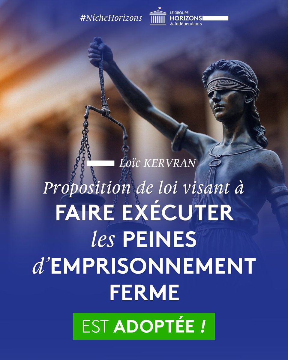 🏛️✅  Victoire pour l'autorité de l'État !

La proposition de loi portée par <a href="/LoicKervran18/">Loic Kervran</a> visant à faire exécuter les peines d'emprisonnement ferme est adoptée par l'Assemblée nationale !

#DirectAN #NicheHorizons