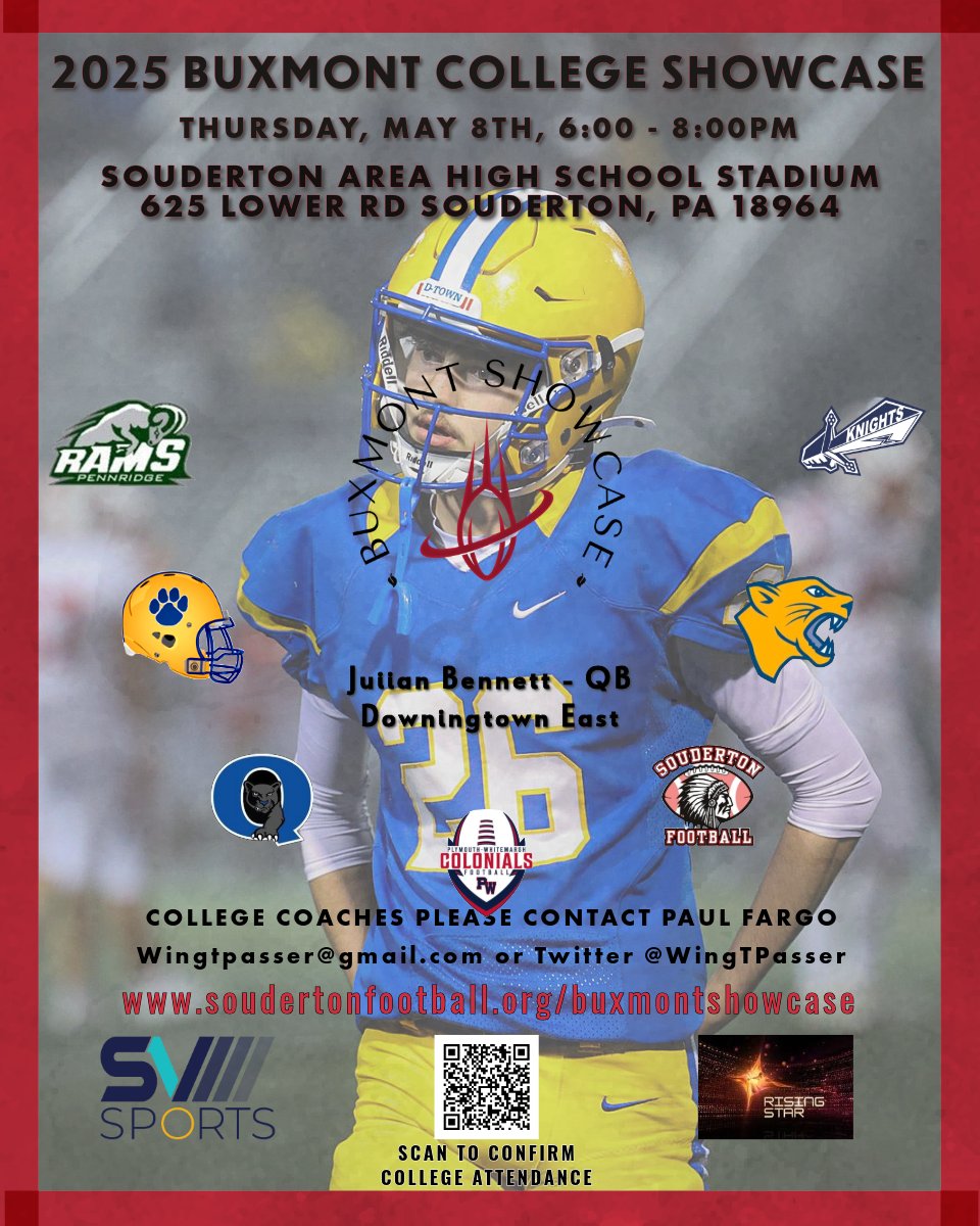 Julian Bennett (@jb_de6) on Twitter photo Looking forward to displaying my talents with other premier PA athletes from the area at the 2025 BUXMONT Showcase on Thursday, May 8th! soudertonfootball.org/buxmontshowcase <a href="/PARisingStar/">PA Rising Star</a> <a href="/svsports/">SV Sports</a> @PRZPAvic <a href="/PaulRobertsCuse/">Paul Roberts</a> <a href="/ArtisticMayhem1/">Michael Pietrangelo</a> <a href="/S1insider/">Suburban One Insider</a> <a href="/BadgleyBruce/">Bruce Badgley</a> <a href="/DTownFball/">DtownFootball</a> <a href="/coachwehrhahn/">Matt Wehrhahn</a> Looking forward to displaying my talents with other premier PA athletes from the area at the 2025 BUXMONT Showcase on Thursday, May 8th! soudertonfootball.org/buxmontshowcase <a href="/PARisingStar/">PA Rising Star</a> <a href="/svsports/">SV Sports</a> @PRZPAvic <a href="/PaulRobertsCuse/">Paul Roberts</a> <a href="/ArtisticMayhem1/">Michael Pietrangelo</a> <a href="/S1insider/">Suburban One Insider</a> <a href="/BadgleyBruce/">Bruce Badgley</a> <a href="/DTownFball/">DtownFootball</a> <a href="/coachwehrhahn/">Matt Wehrhahn</a>