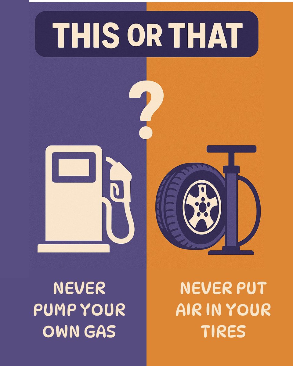 DeBoersAuto's tweet photo. Quick poll 🚗💬
If you could eliminate one of these forever:

⛽️ Pump your own gas
🛞 Add air to your tires

Which one are you choosing?
Vote &amp; tell us why! #ThisOrThat #AutoPoll #DeBoersAuto https://t.co/y9j9KSNDxM