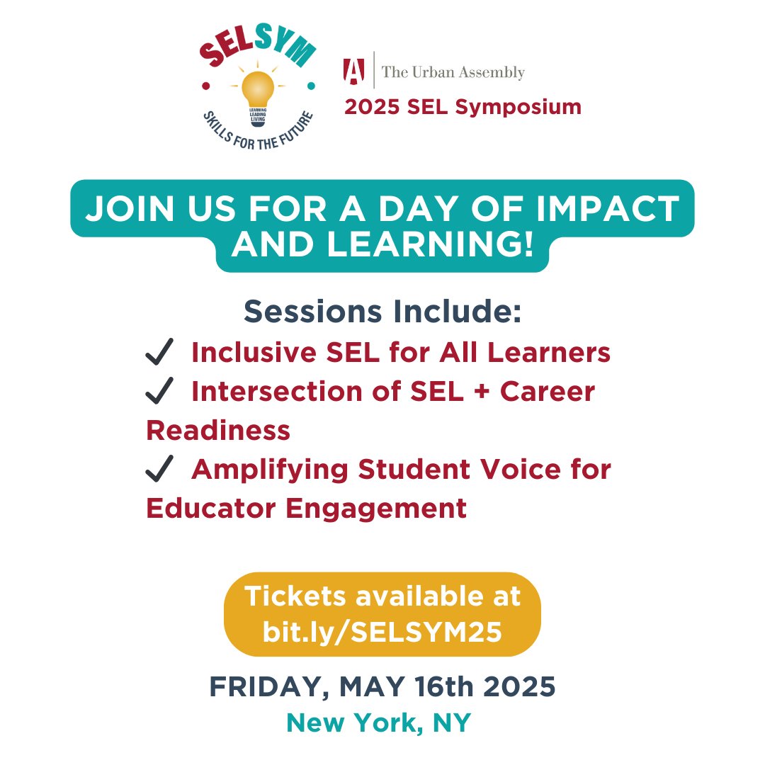 Urban Assembly (@urbanassembly) on Twitter photo 📣We are less than two months away from our 8th annual SEL Symposium! Join us for a day of impact, learning, and connection!
Get your tickets now: bit.ly/SELSYM25 📣We are less than two months away from our 8th annual SEL Symposium! Join us for a day of impact, learning, and connection!
Get your tickets now: bit.ly/SELSYM25