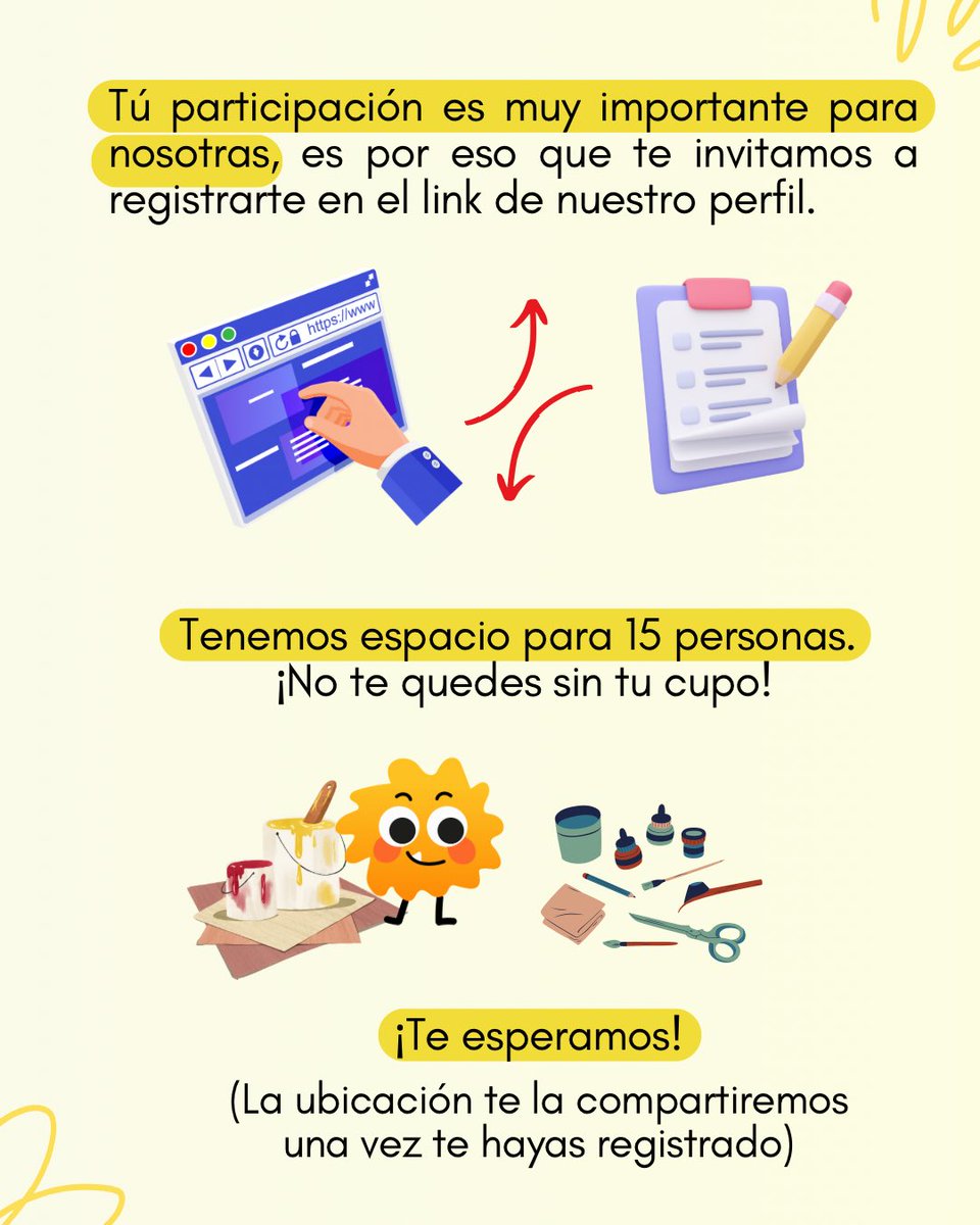 Taller creativo: Pintura y creación de Fanzine ✨

🗓️: Sábado, 12 de abril. 
⏰: 10 a.m a 3 p.m 
📍: Se compartirá una vez lleno el formulario. 

Regístrate en el link 🔗👇
forms.gle/3kE9LSCzw7SpnK… 

Tenemos espacio para 15 personas 🫂 
No te quedes sin el tuyo. 
¡Te esperamos! ❤️‍🩹