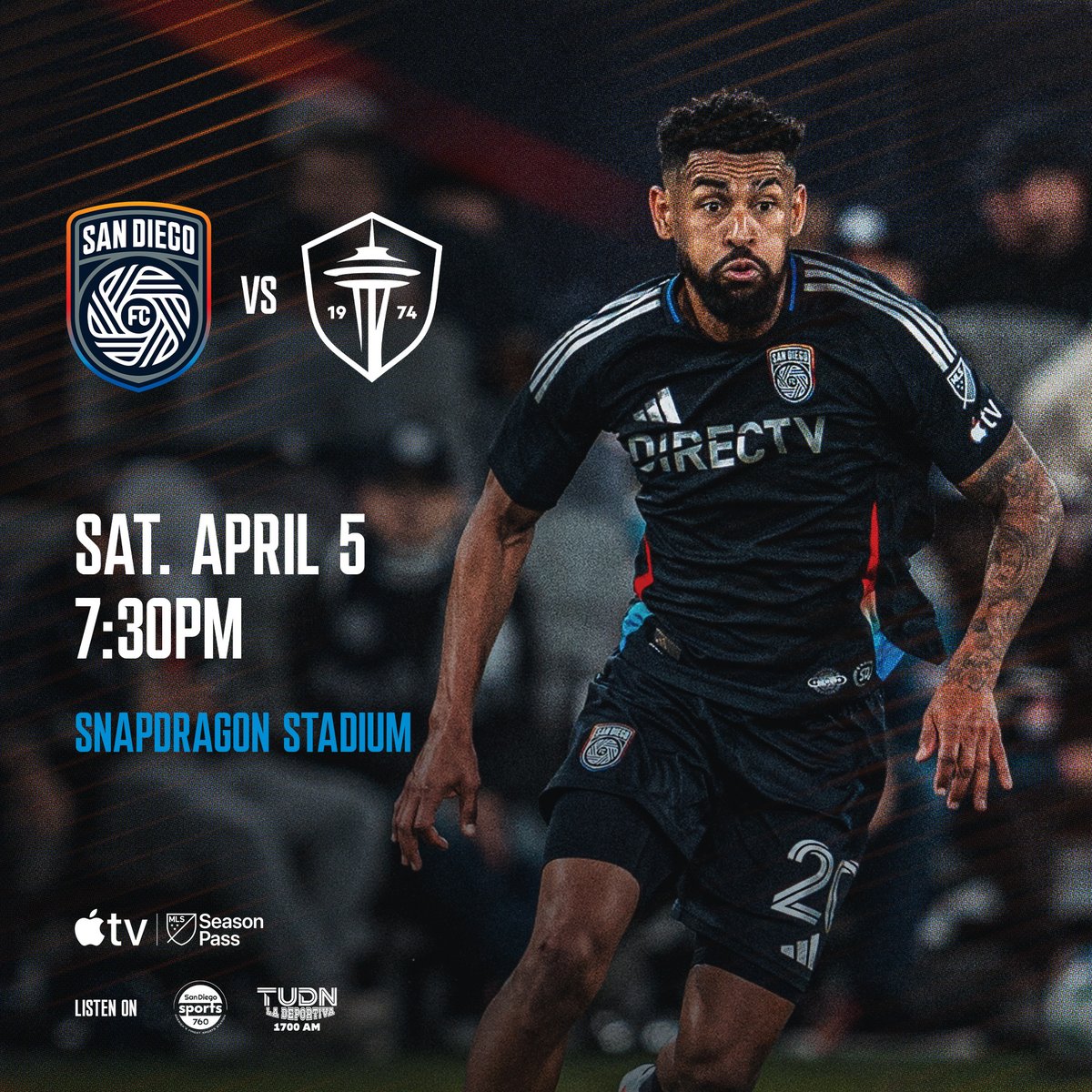 sandiegofc's tweet photo. Saturday.

🆚 @SoundersFC 
📍 @SnapdragonStdm 
⌚️ 7:30 p.m.
📺 @MLS Season Pass on @appletv
📻 @Sports760, @redespsn https://t.co/yvmc0ibRHJ