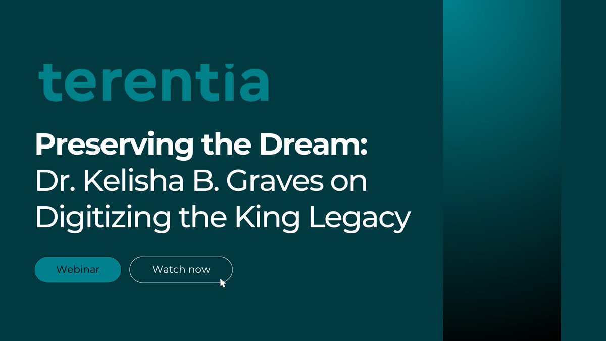 Missed out on attending our webinar with <a href="/TheKingCenter/">The Martin Luther King, Jr. Center</a>?

You can watch the recording of 𝗣𝗿𝗲𝘀𝗲𝗿𝘃𝗶𝗻𝗴 𝘁𝗵𝗲 𝗗𝗿𝗲𝗮𝗺: 𝗗𝗿. 𝗞𝗲𝗹𝗶𝘀𝗵𝗮 𝗕. 𝗚𝗿𝗮𝘃𝗲𝘀 𝗼𝗻 𝗗𝗶𝗴𝗶𝘁𝗶𝘇𝗶𝗻𝗴 𝘁𝗵𝗲 𝗞𝗶𝗻𝗴 𝗟𝗲𝗴𝗮𝗰𝘆 on demand.

Catch up now 👉 terentia.io/thoughts/teren…