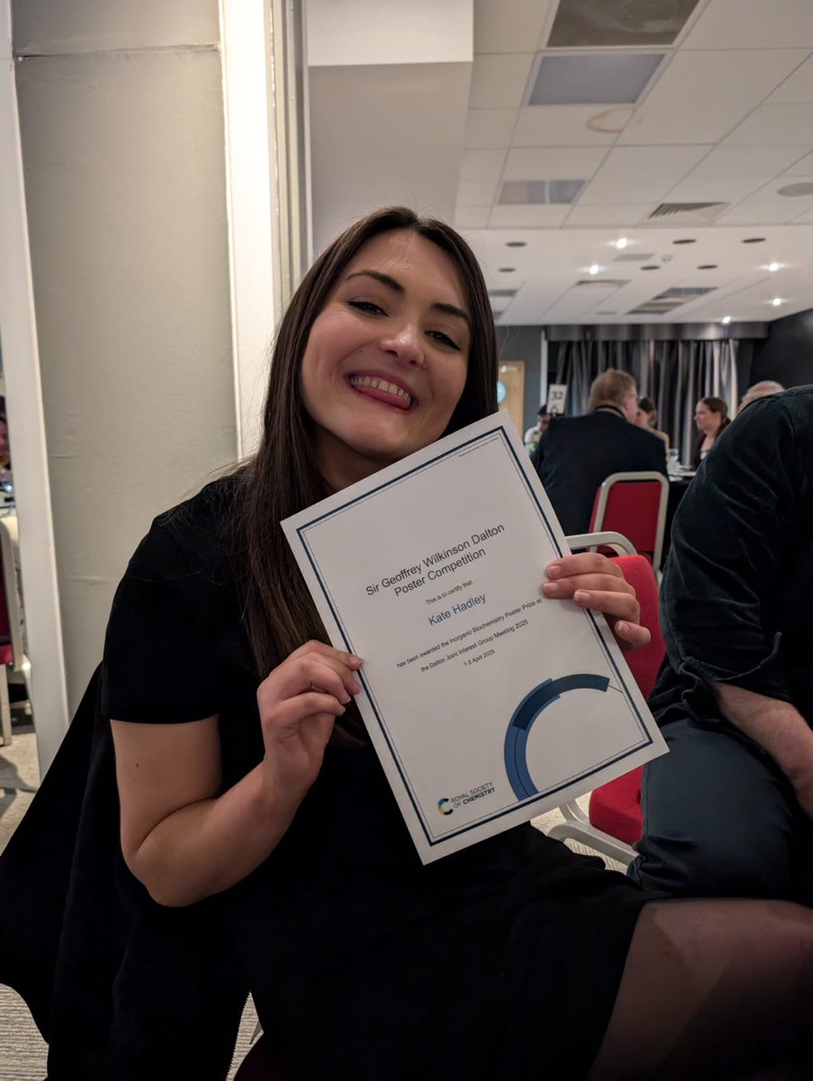 ka_hadley's tweet photo. Happy to have come back from Dalton2025 having presented my first oral presentation, it was great to chat to such lovely people! To top it off I won the Sir Geoffrey Wilkinson poster competition prize for my pretty pink poster I presented as well! 🌸🌺Successfully week! https://t.co/y3EAqyurMy