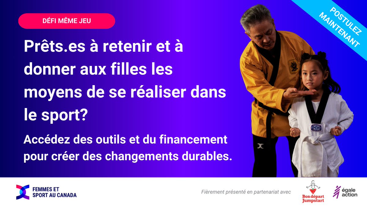 📢 Postulez dès aujourd'hui au Défi Même jeu qui débutera en mai !  

Opportunité pour les organismes de sport canadiens d'obtenir des outils et des ressources pour accroître l'inclusion des filles dans le sport. 

🔗fieldofplay.womenandsport.ca/application?s=… (1/2)
