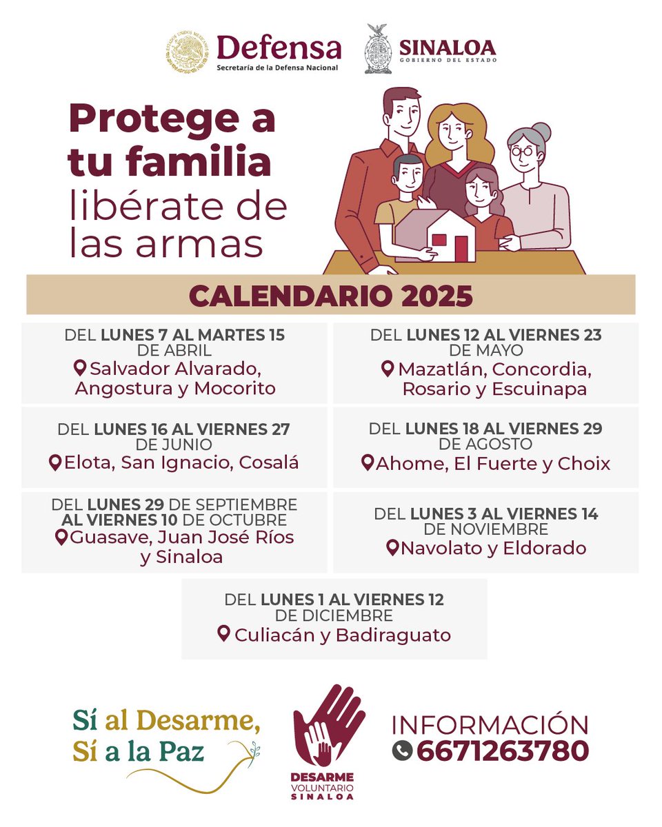 ¡Prepárate! a partir del próximo lunes 07 de abril iniciará el Desarme Voluntario 2025 en Sinaloa.

👇Checa el calendario, y conoce en que fecha llegará a tu municipio.  

#DesarmeVoluntarioSinaloa #SíalDesarme #SíalaPaz #PrevenciónEsAcción