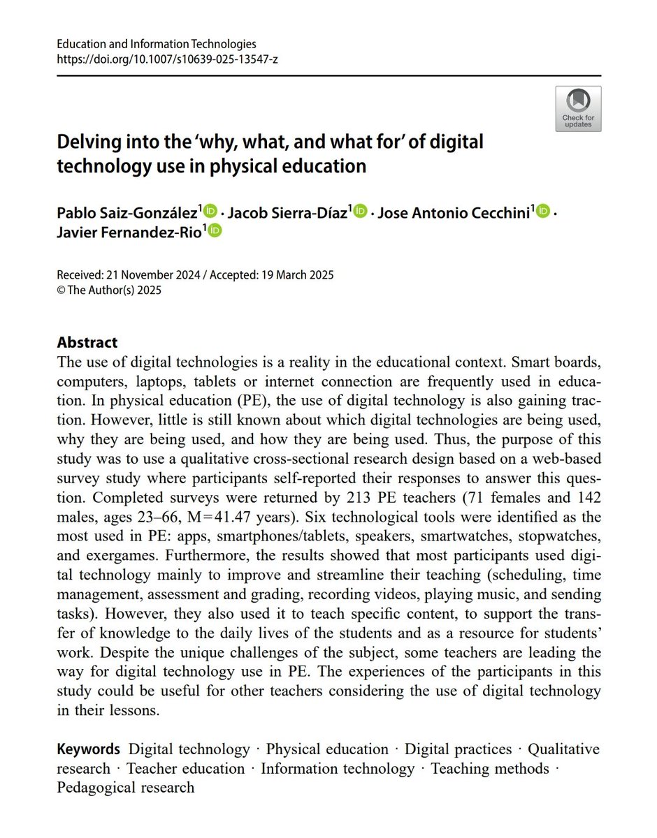 Pablo Saiz-González (@saizgonzalezp) on Twitter photo 📢 Ever wondered what digital technologies PE teachers are using, why they use them, and for what purpose(s)?
Our latest study explores the experiences of 213 teachers. Thanks <a href="/JacobSierraDiaz/">Jacob Sierra Díaz</a>, Jose A. Cecchini and <a href="/javier_rio1/">Javier Fernández-Río</a> 💪
📎 Full access 🇬🇧: researchgate.net/publication/39… 📢 Ever wondered what digital technologies PE teachers are using, why they use them, and for what purpose(s)?
Our latest study explores the experiences of 213 teachers. Thanks <a href="/JacobSierraDiaz/">Jacob Sierra Díaz</a>, Jose A. Cecchini and <a href="/javier_rio1/">Javier Fernández-Río</a> 💪
📎 Full access 🇬🇧: researchgate.net/publication/39…