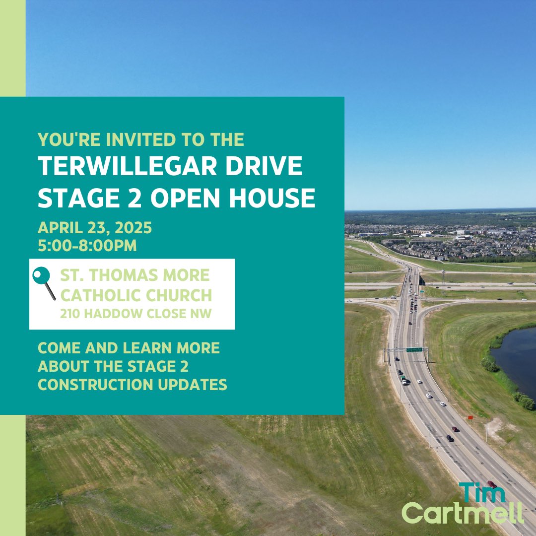 You're invited to the Stage 2 Terwillegar Drive Expansion Project Open House on April 23 at St. Thomas More Catholic Church (210 Haddow Close NW) from 5-8pm. Bring your neighbors and your questions, and we look forward to seeing you there! #yeg #yegcc