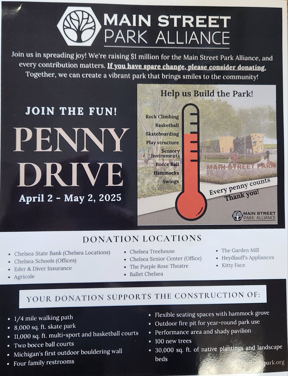 South Meadows is helping the Main Street Park Alliance build the park! Students may bring spare change to the office during the month of April. Donations support the construction of the Main Street Park. Thank you for your help!