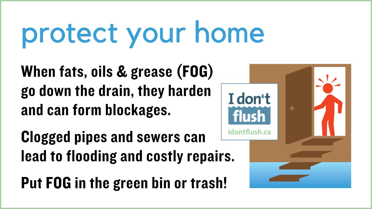 🚨 Keep Fats, Oils &amp; Grease out of the drain! They cool and harden in pipes and sewers ... which can lead to blockages and toxic overflows in homes and neighbourhoods. 
➡️ Put "FOG" in the green bin or trash per your municipality. #idontflush #wastewater #environment