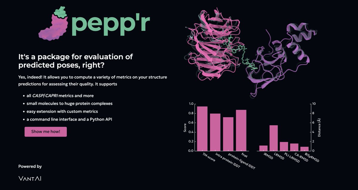 vant_ai's tweet image. We are excited to announce the first alpha release of
💥 peppr - package for evaluation of predicted poses 💥
an open source framework for structural model evaluation
Find out more at peppr.vant.ai
built on @biotite_python, peppr dramatically simplifies evaluation…
