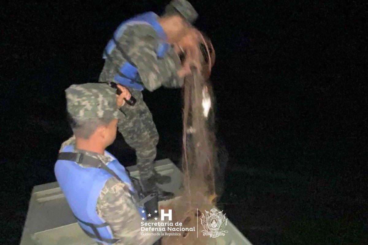 Sedenahn's tweet photo. Mediante operaciones de resguardo de la fauna marina en el Refugio de Vida Silvestre Cuero y Salado, en el municipio de Tela, Atlántida, el Segundo Batallón de Protección Ambiental a través del Apoderado Naval de Cuero y Salado, y la Fundación Cuero y Salado #FUCSA, realizaron patrullaje fluvial decomisando un trasmallo en zona no autorizada para la pesca.