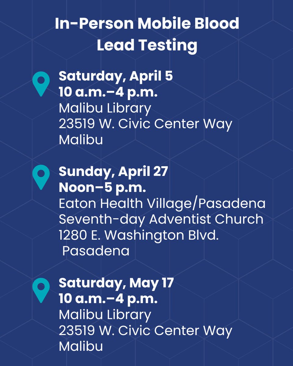 🔥 Worried about lead exposure from wildfires?
For a limited time, the LA County Department of Public Health is offering FREE mobile blood lead testing for those who may be concerned about exposure to lead from the recent wildfires.
📅 Additional events will be added over the