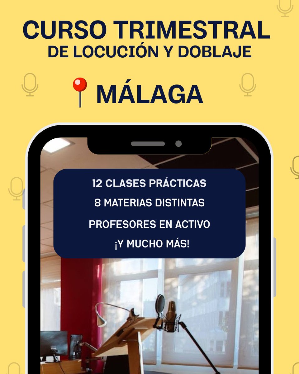 🎙️✨ ¡Es el turno de Málaga! 🎬🎭
🔹 Curso trimestral de Locución y Doblaje - Nivel Iniciación
📍 Málaga
📅 ¿Cuándo? ¡Tú eliges!
🔸 Domingos por la mañana.
🔸 Martes por la tarde.

💡 12 clases prácticas donde aprenderás las claves de la interpretación y el doblaje.